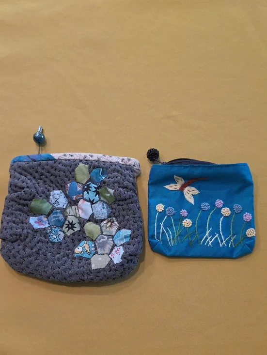 Lot of 2 Handcrafted Pouches 100% Silk Embroidered Dragonfly & Quilted Patchwork