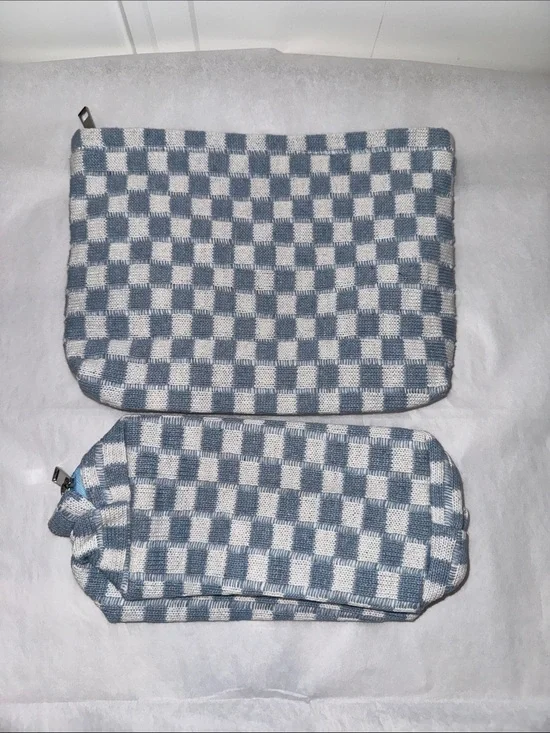 Blue and White Checker Knit Cosmetic Pouch Set