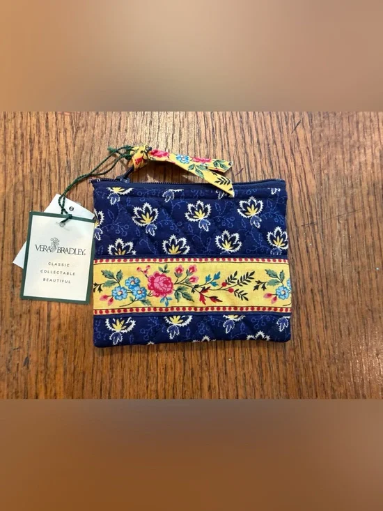 Vera Bradley Navy Quilted Cosmetic Pouch with Yellow Floral Stripe