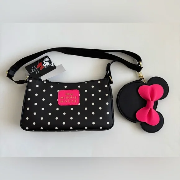 Bioworld Disney Minnie Mouse Black Polka Dot Crossbody Coin Pouch Set NWT
