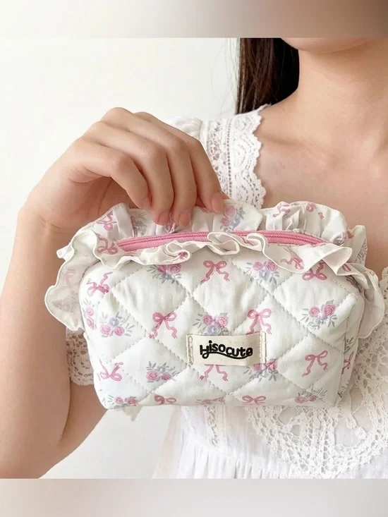 ijsocute Pink Quilted Floral Cosmetic Pouch small