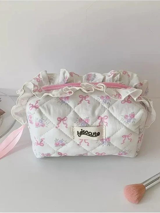 lisocute Quilted Floral Ruffle Cosmetic Pouch in White and Pink