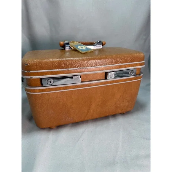 Vintage 1970s Samsonite Train Case Caramel Brown Hardshell Cosmetic Working Prop