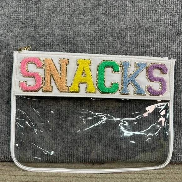 Clear Vinyl Snacks Pouch Chenille Patch Travel Makeup Bag White Gold Zipper