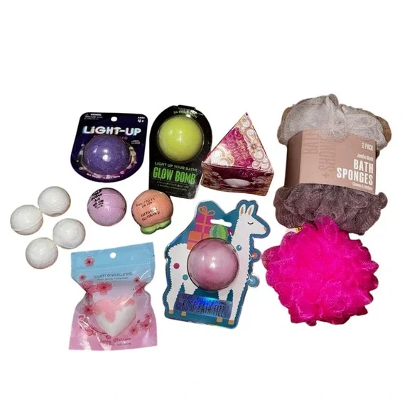 Mixed Bath Bomb & Loofah Bundle Multicolor 14pc Set New Spa Gift Self Care Kit