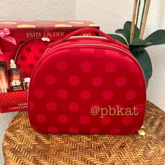 Estee Lauder Sateen Red Polka Dot Large Cosmetic Travel Case