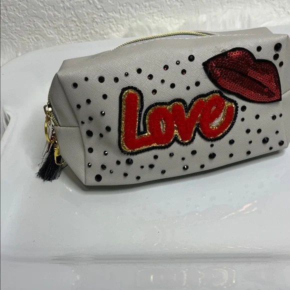 Stylish Grey, Black & Red Crystal Embellished Makeup bag