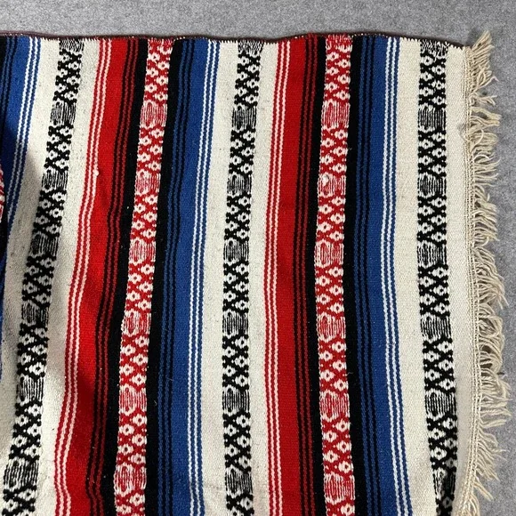 Mexican Serape Blanket 83x51 Multicolor Falsa Stripe Fringe Picnic Travel