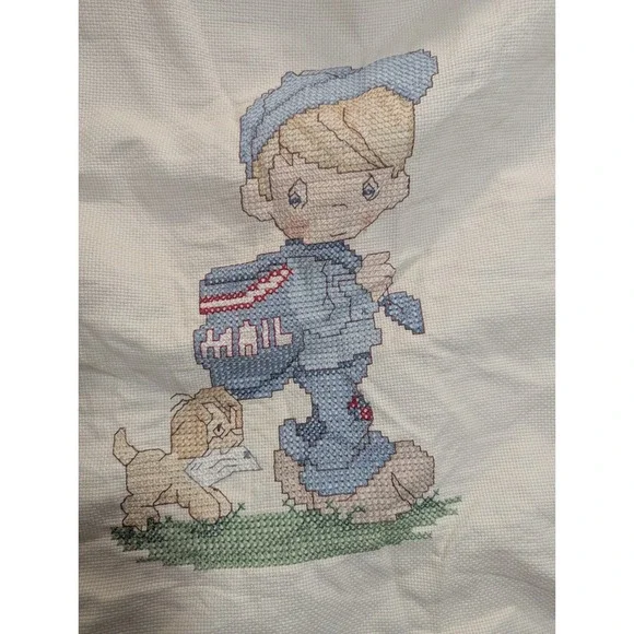Cross Stitch Mail Boy Puppy Quilt Blanket Cream Blue 41 x 34 Precious Moments