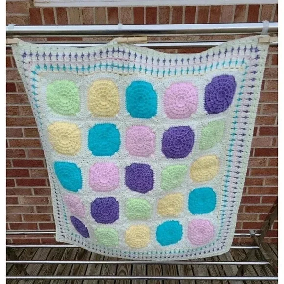 Handcrafted Crocheted Cotton Baby Blanket Colorful Nursey Decor 26