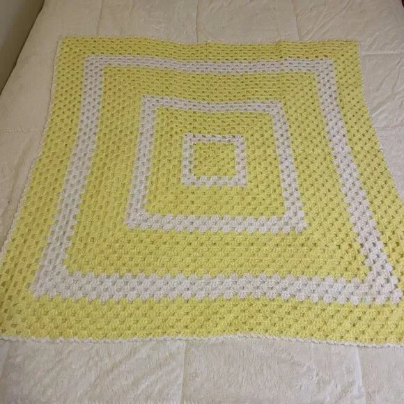 Afghan Blanket Knit Handmade Crochet Baby Throw Vintage 41” x 41” Yellow White