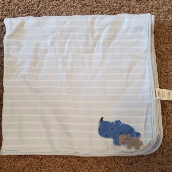 Carters Child Of Mine Baby Blanket Rhino Blue Gray White Stripes Cotton 25x30
