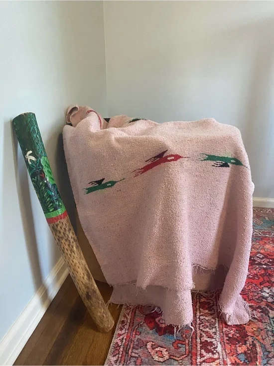 Pale Pink Handknit Throw Blanket with Bird Motif