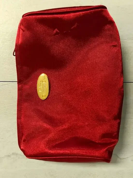 Parfums Christian Dior Red Satin Cosmetic Makeup Bag with Gold Logo Plaque