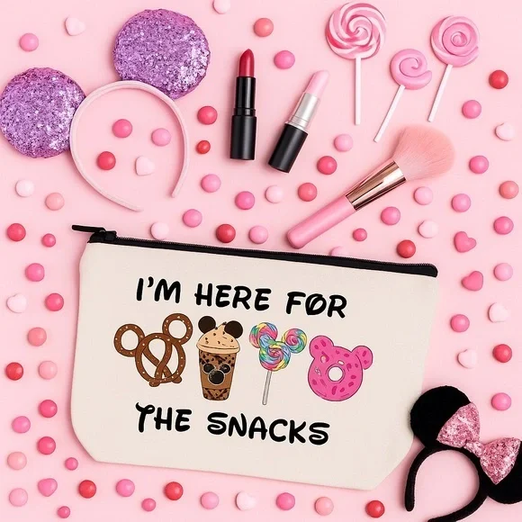 “I’m Here for the Snacks” Disney-Inspired Canvas Zip Pouch Makeup Bag NWT