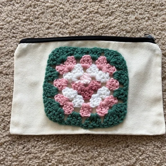 Handcrafted Crochet Cosmetic Bag - Pink, Green, and Cream