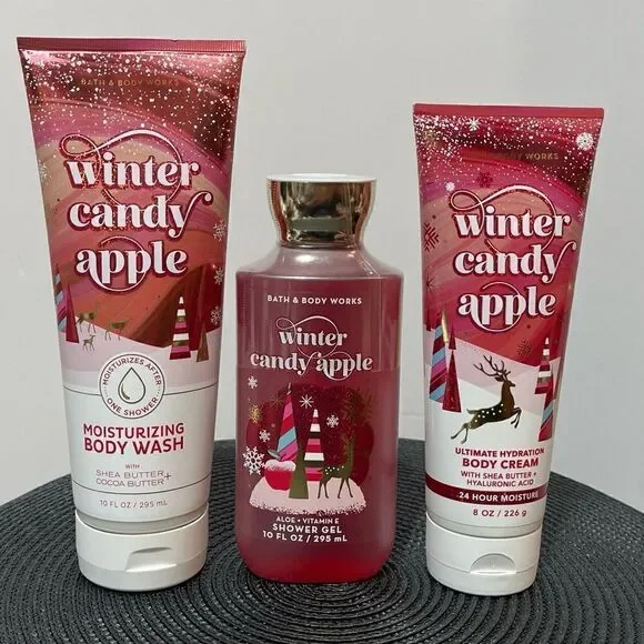 BBW Winter Candy Apple Body Wash, Shower Gel and Body Cream set of 3 NWT