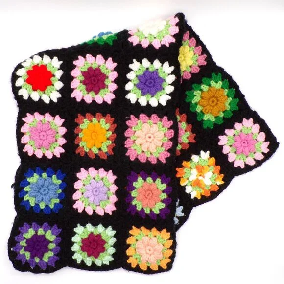 Granny Square Afghan Black 3D Flowers Throw Lap Blanket Small 34” X 25”