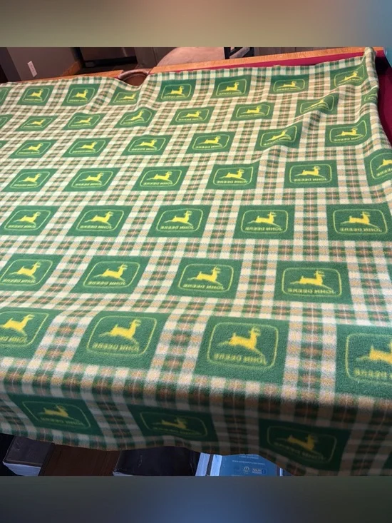 John Deere Logo FLEECE Plaid Green Yellow Blanket Country Style 62”X 59 raw Edge