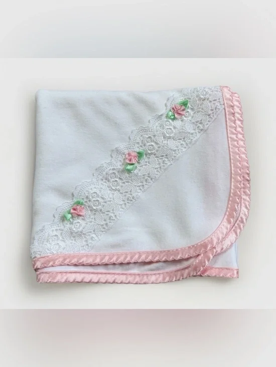 Vintage Alexis USA Baby Blanket White Pink Eyelet Lace Ruffle Cotton Shabby Chic