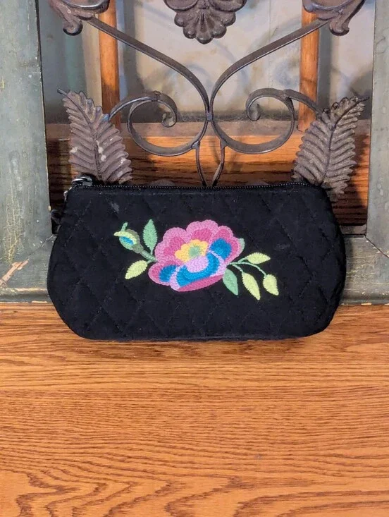 Vera Bradley Adele Quilted Black Embroidered Floral Pouch