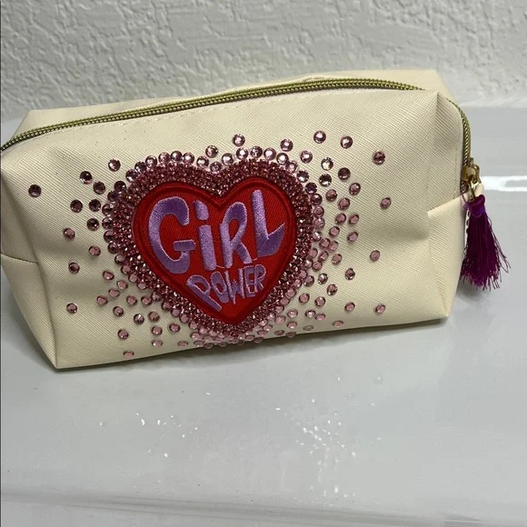 Cream Makeup Bag with Girl Power Crystal  Design