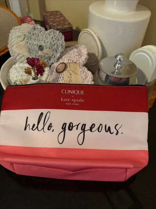 Kate Spade x Clinique Striped Cosmetic Pouch in Red, White & Pink Hello Gorgeous