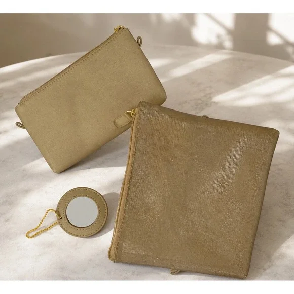 Unbranded Gold Shimmer Makeup Bag Set 3 Piece Mesh Pouch and Mirror