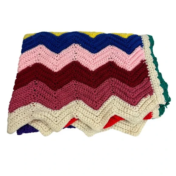 Colorful Crochet Afghan‎ Blanket Throw Retro Chevron Pattern Handmade 52x34