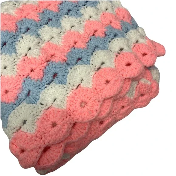 Handmade Crochet  Blanket Throw Pink Blue Baby Colors 50x48 ‎ Afghan