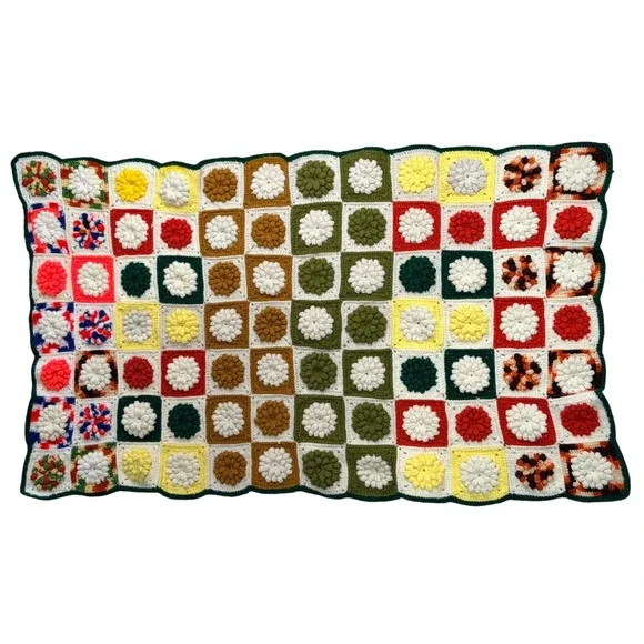 Handmade Crochet Granny Square Floral‎ Popcorn Stitch Afghan Blanket 32x51
