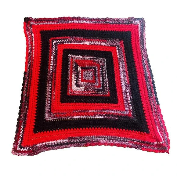 Vintage Handmade‎ Crocheted Throw Square Throw Dog Blanket Red Black Gray 42