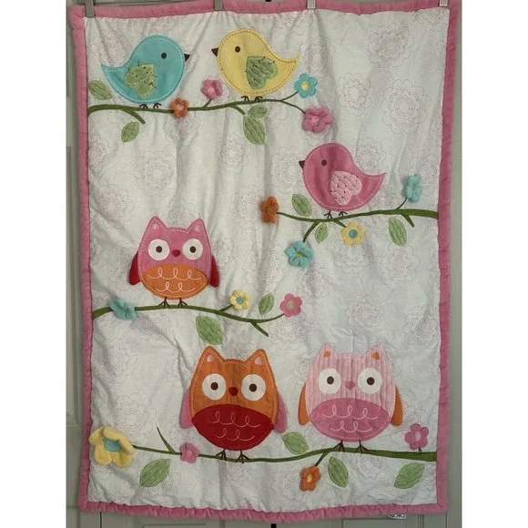 Nojo Owl Love Baby Crib Blanket Owls Birds Pink Flowers Textured‎ 42