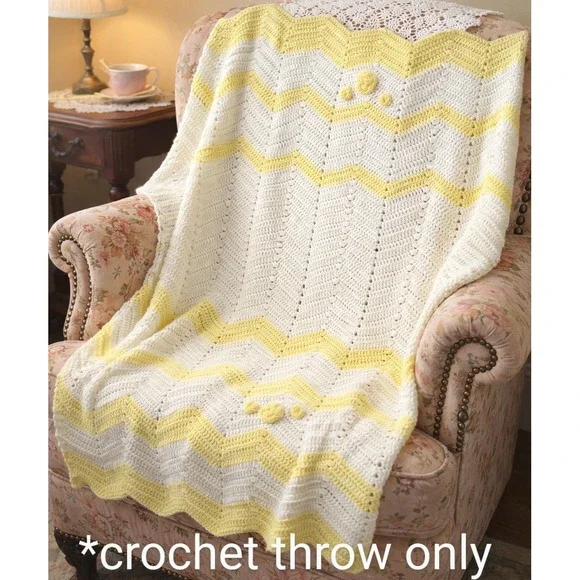 Handmade Crochet Baby Blanket‎ Chevron Ripple Yellow Rosettes White Floral 49x46