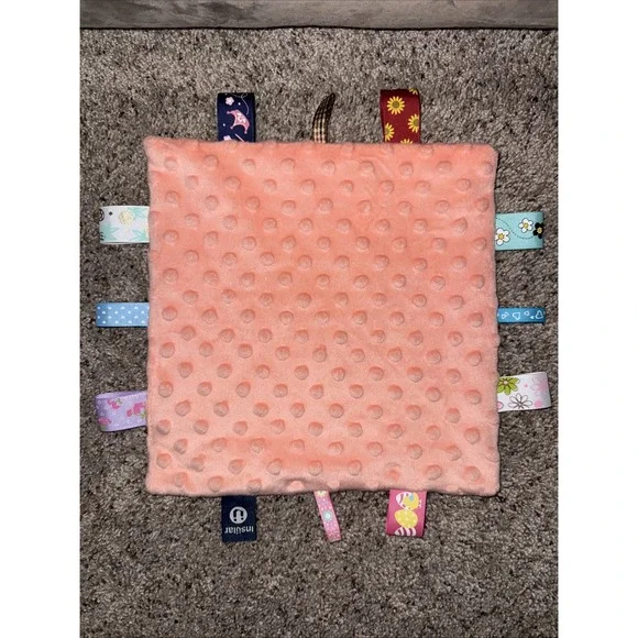 Insular Coral Minky Dots Velour Ribbon Tags Security Blanket Lovey‎ 9x9.5