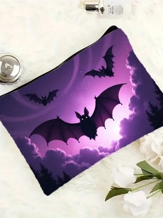Halloween Goth Bats w Purple Sky / Clouds Make Up Bag Double-Sided 6.3h
