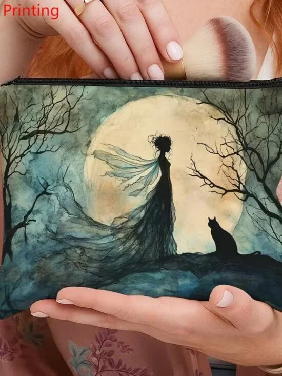 Halloween Dark Goth Moon Goddess & Cat Make Up Bag Double-Sided 7h