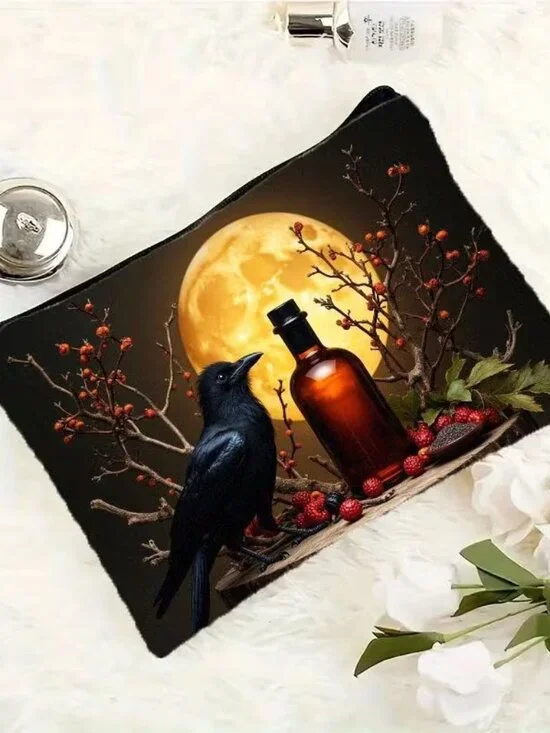Halloween Dark Goth Crow & Moon w Bottle Make Up Bag Double-Sided 6.3h