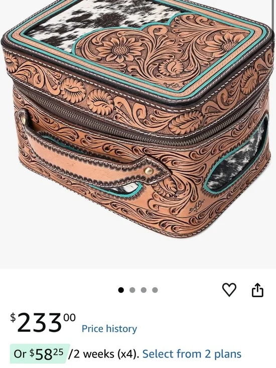 Tooled Leather Train Case with Turquoise Accents - Women Bags