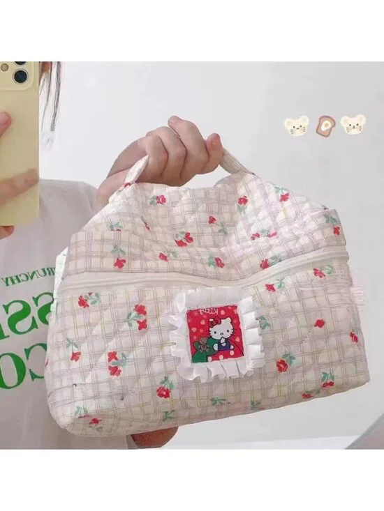Cute Quilted Cosmetic Bag Featuring Hello Kitty Large Capacity Travel Makeup
