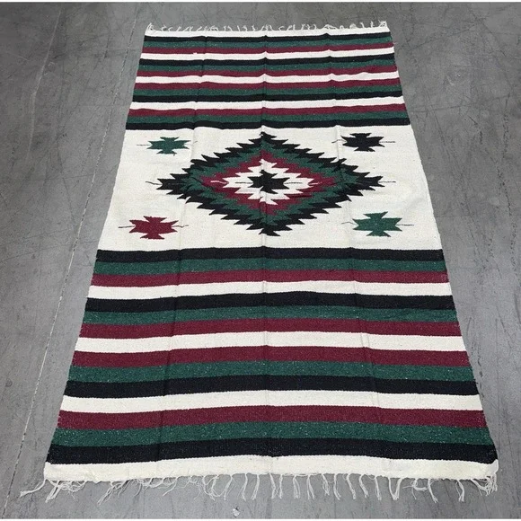 AUTHENTIC Mexican DIAMANTE‎ Blanket Throw Yoga Mat Multi Creme Burgundy Green