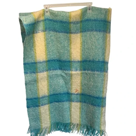 Cushendale Woollen Mills Mohair‎ Wool Plaid Wrap Scarf  Ireland Teal Blue