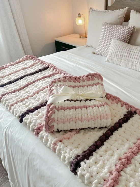 SET! Handmade Chunky Knit Chenille Throw Blanket With Matching Baby Blanket
