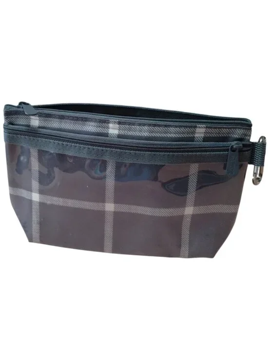 Thirty-One Gray Plaid Zip Up Pouch Cosmetic Make Up Bag Travel Vacation Classic