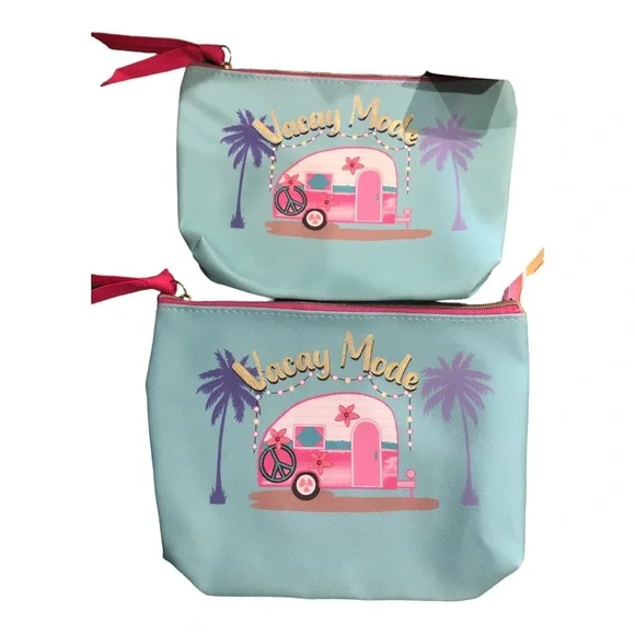 2pack blue vacay mode makeup cosmetics bag pouch case‎ new FREE