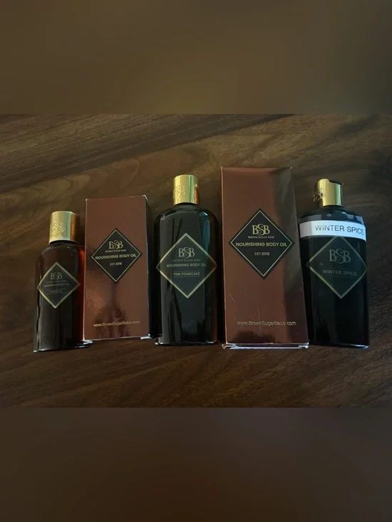 Brown Sugar Babe Body Oil Caked Up 2oz, Winter Spice 4oz, Pink Poundcake 4oz