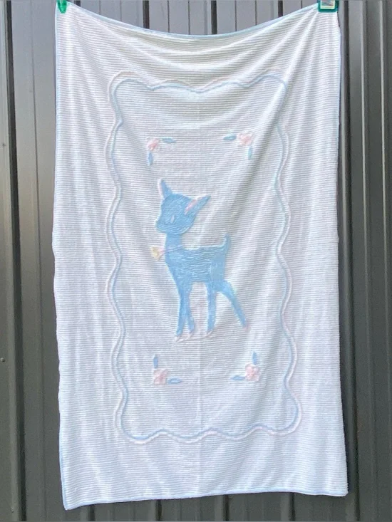 Vintage Crib Blanket Blue Pink Baby Deer Chenille Blanket 41” x 62”