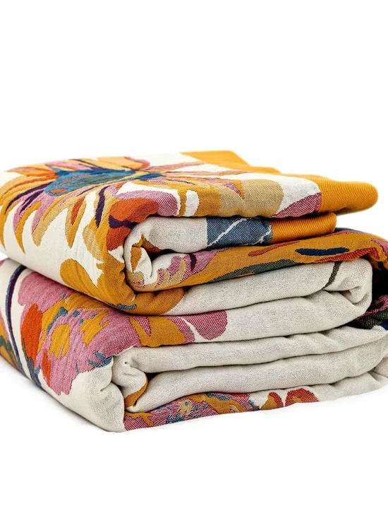 Floral Jacquard Cotton-Linen Throw Blanket in Mustard and Pink 60x80