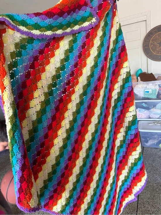 Vintage Handmade Multicolor Rainbow Crochet Blanket Vibrant Rainbow Stripes