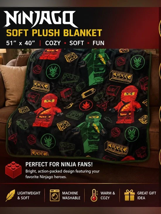 Lego Ninjago Soft Plush Blanket - Black with Red & Green Characters 51”xx40”